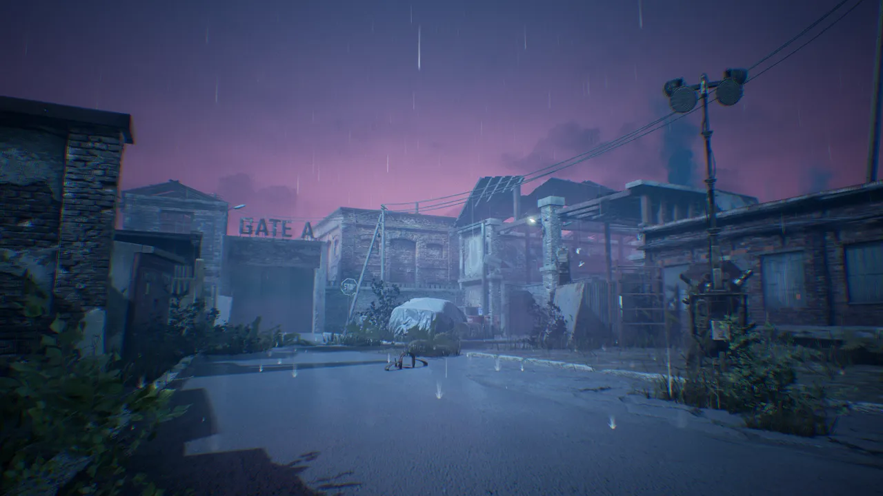 Open area of the map showcasing a generator and trap. Various derelict buildings impose in the background.