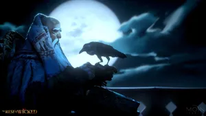 The "Watcher", an elder of Sacrament sitting on a balcony overlooking a full moon. He is communing with a crow perched upon his lifted hand.